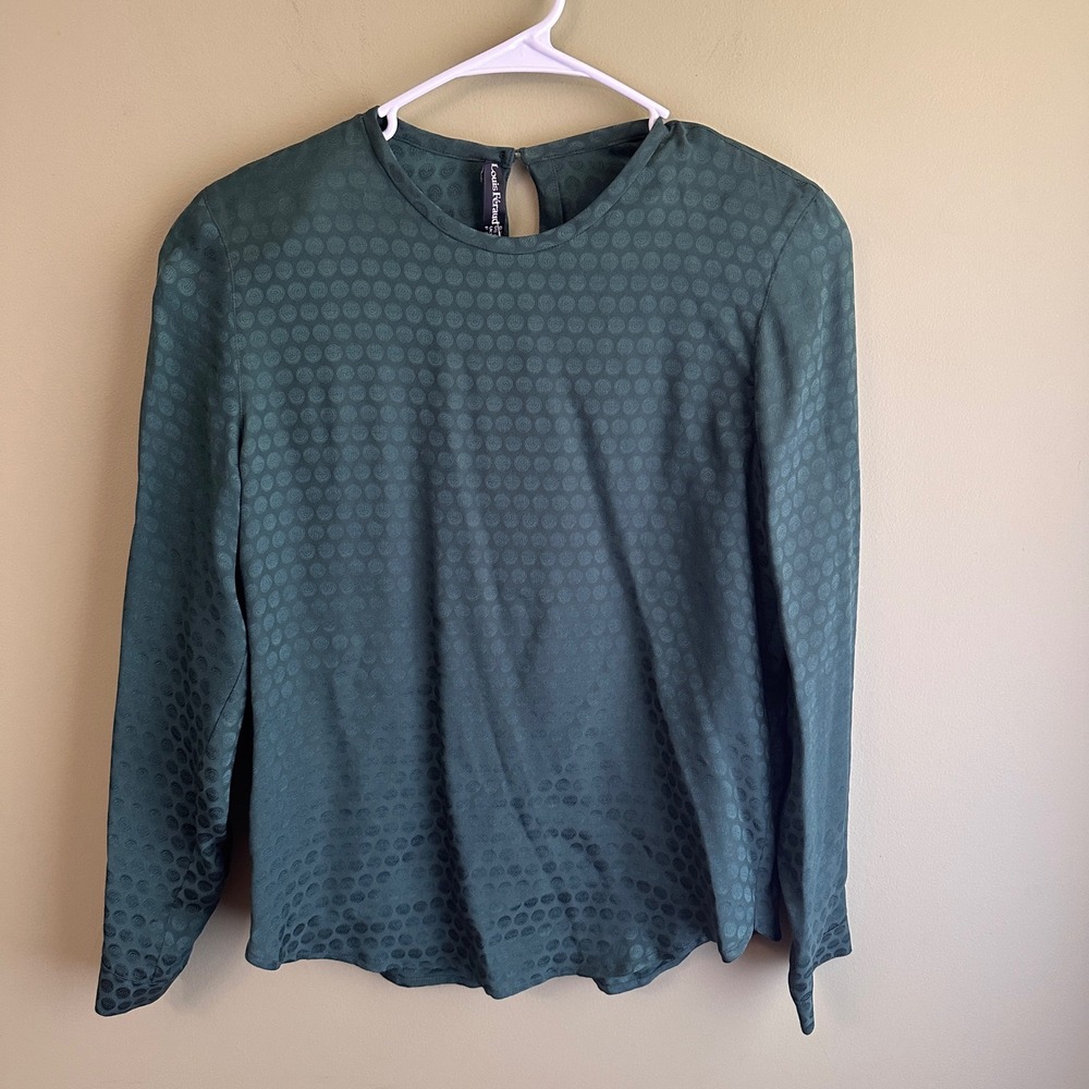 Louis Feraud Paris‎ Vintage Silk Emerald Green Logo Print Long Sleeve Top Sz 6